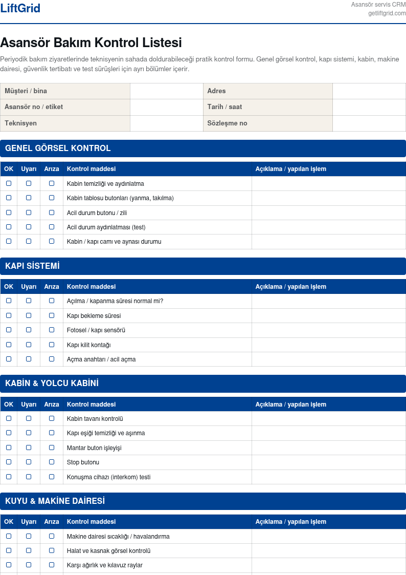 Asansör Bakım Formu Örneği — PDF ve Excel — PDF önizleme