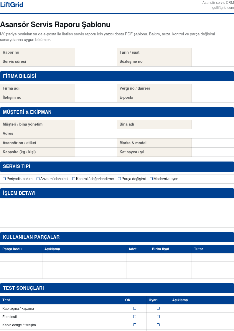 Asansör Servis Raporu Şablonu — PDF önizleme